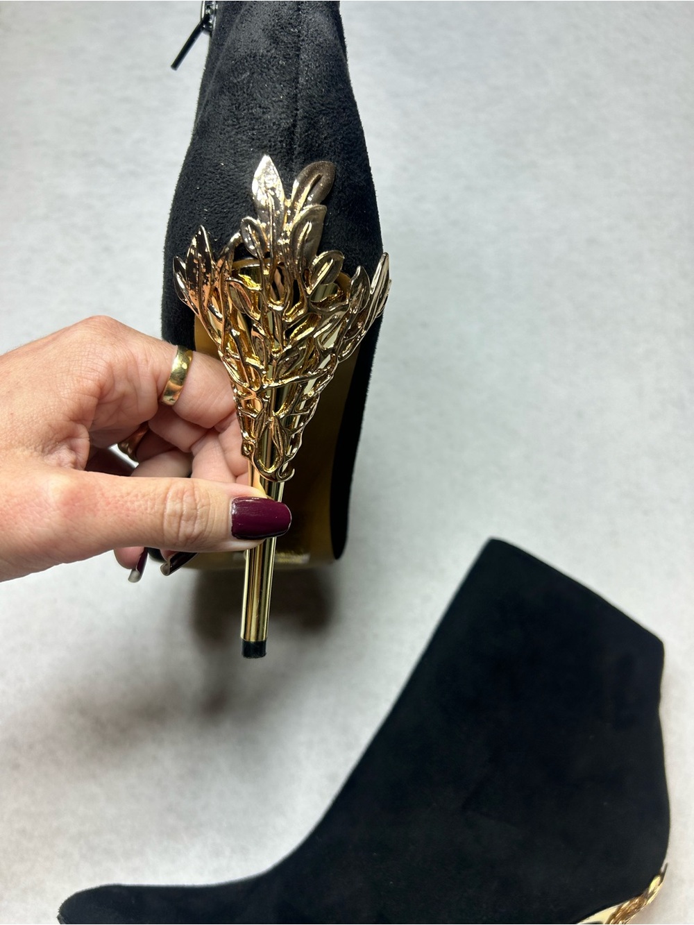 Ornate Black Suede velvet Pointed Ankle Booties with Gold Sculpted Heel